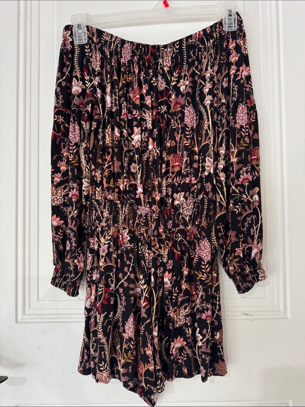 Free People Black Floral Long Sleeve Off-Shoulder Romper
